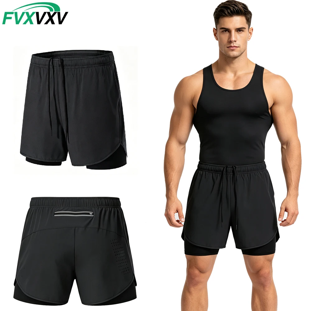 FVXVXV 1PCS Mens 2 in 1 Running Shorts Quick Dry Athletic Shorts with Compression Liner , Workout Shorts with Zip Pockets