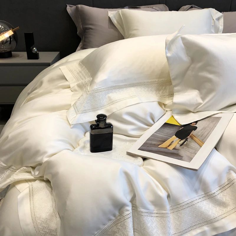 קיץ טבעי 1000TC Lyocell סיב רך משיי טהור צבע מצעים סט טח רקמת שמיכה סדין ציפית