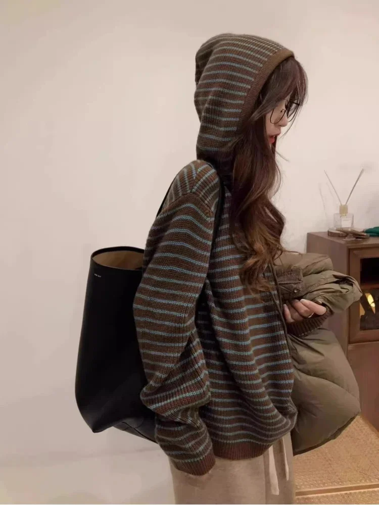 

Hooded Hoodies Women Striped Casual Knitted All-match Preppy Style Young Daily Autumn Classic Prevalent Cozy Korean Fashion Ins