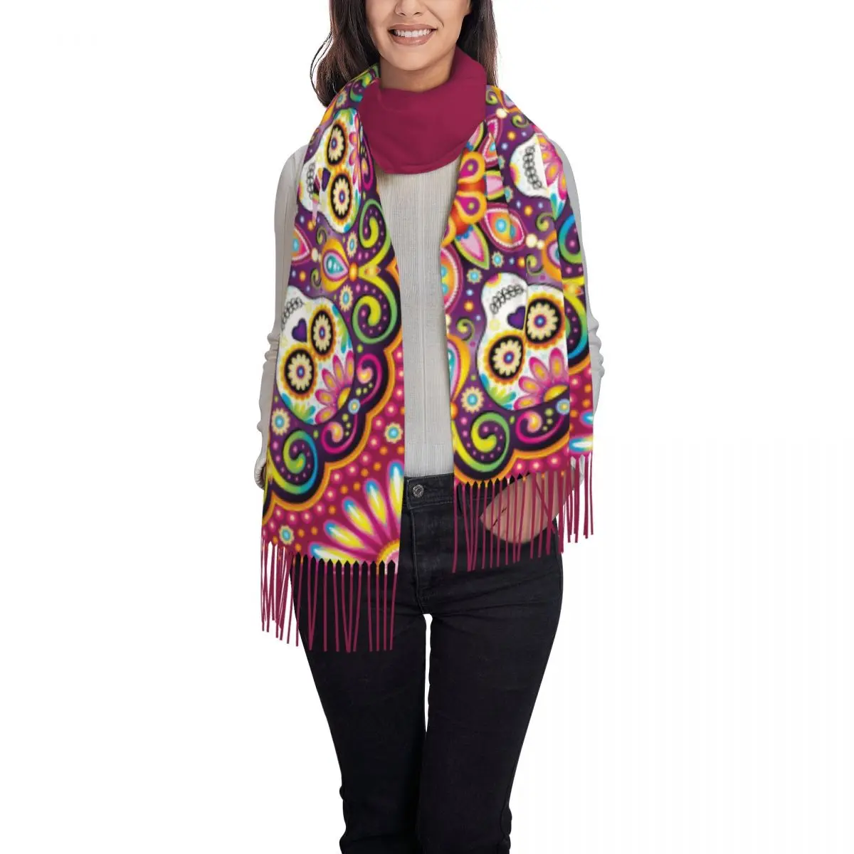 Custom Mexican Sugar Skull Mandala Tassel Scarf Women Winter Warm Shawls Wraps Lady Halloween Day Of The Dead Scarves