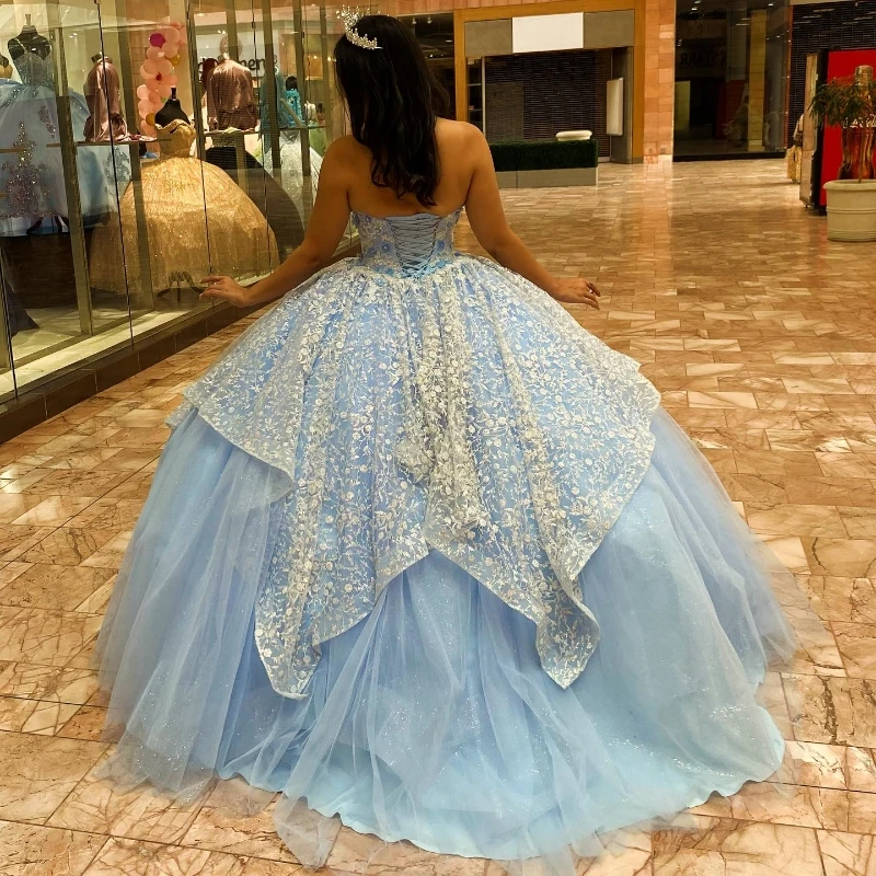 EVLAST-Vestido Princesa com Renda e Beading, Vestido Quinceanera Azul para Festa de Aniversário, Doce 16, 15 Anos, TQD054