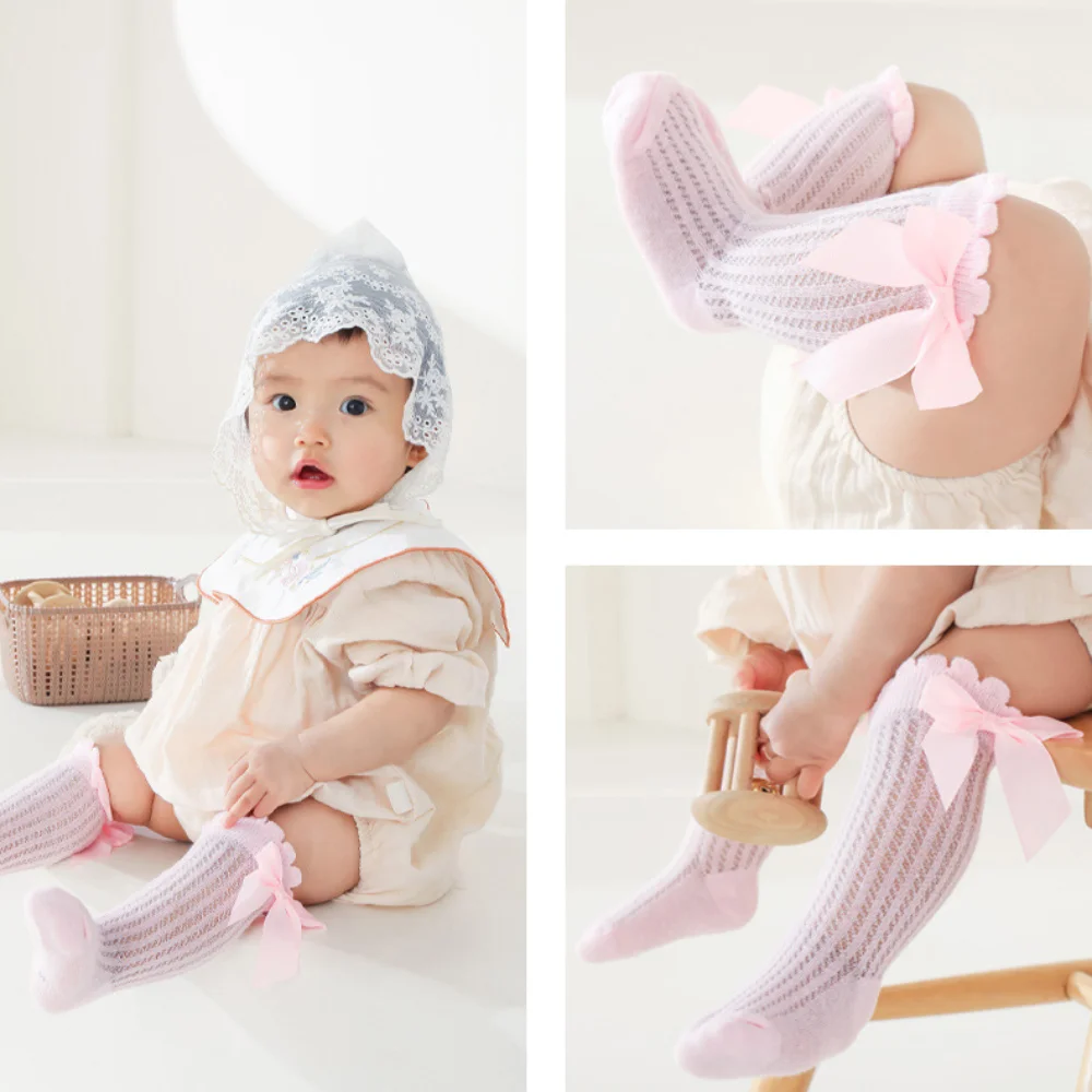 น่ารักสีทึบเด็กผู้หญิงถุงเท้าผ้าฝ้ายนุ่มตาข่ายเข่าสูงBreathable Big Bowsเจ้าหญิงถุงเท้า 0-3 ปี