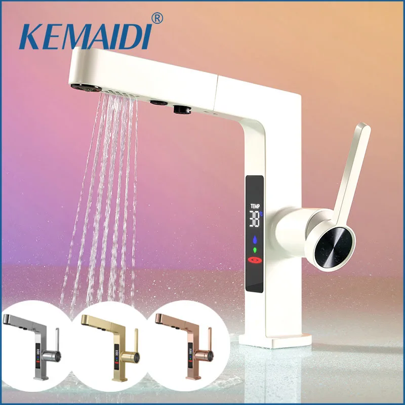 

KEMAIDI Intelligent Pull-Out Basin Faucet Brass Digital Display Faucet Countertop Washbasin Hot and Cold Water Mixer Tap White