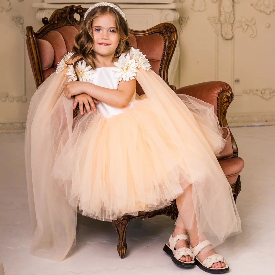 

Customized Flower Girl Dress White Orange Tulle Flowers With Shawl Sleeveless For Wedding Birthday Pageant Holy Communion Gown