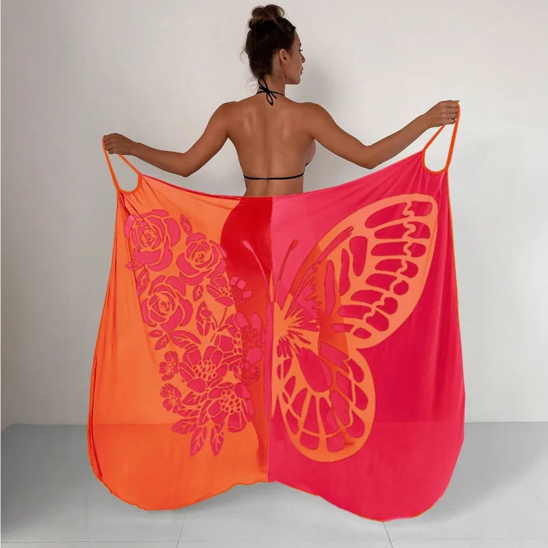 فستان شاطئ جديد على الوجهين على شكل فراشة ملونة مطبوعة فستان محمول للتستر للنساء لقضاء العطلات والترفيه قطعة واحدة فستان سترة