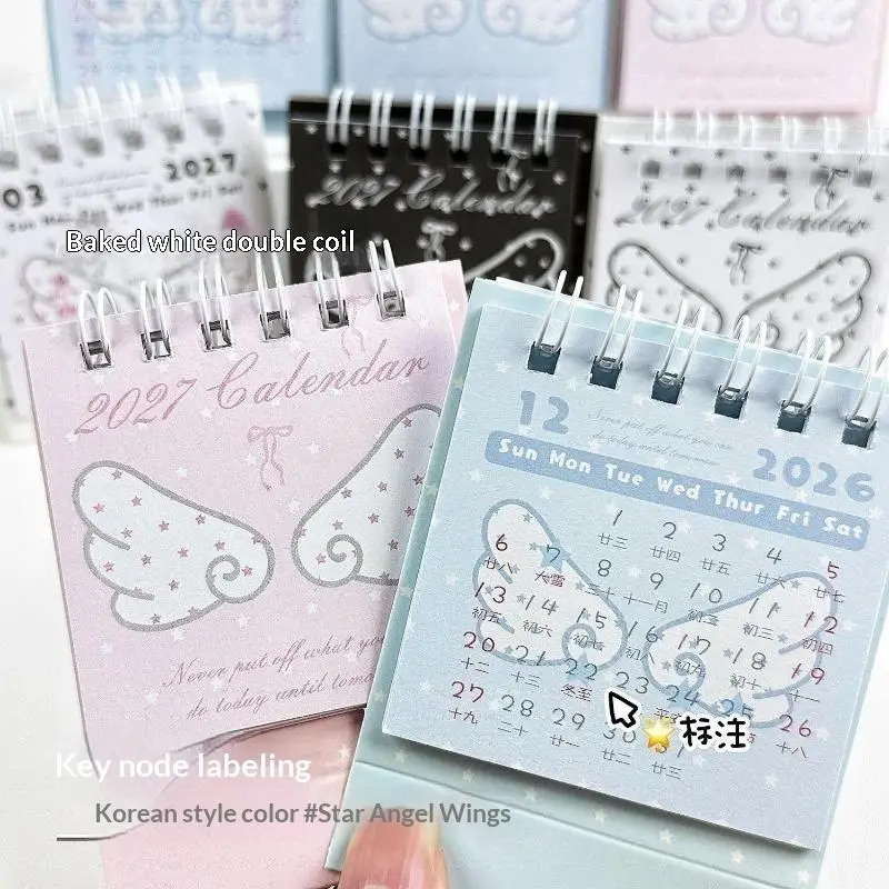 2027 Mini Desk Calendar Spiral Bound Paper Standing Flip Calendar Angel Wing Star Pattern For Tabletop Decor