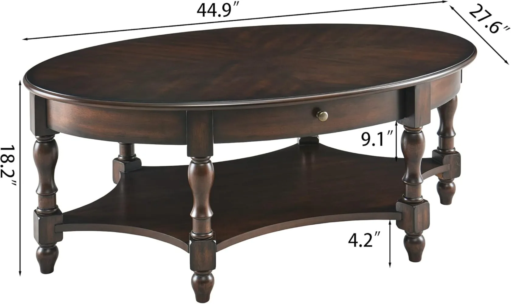 MODERION Coffee Table with Drawer, Solid Wood Oval Center Table with Storage Shelf, Traditional Living Room Table