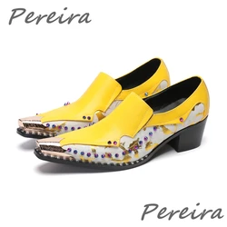 Colorful Rhinestone Yellow Purple Mixed Colors Leather Shoes for Men Metal Pointed Toe 4.5Cm Heel Loafers Business Dress Shoes
