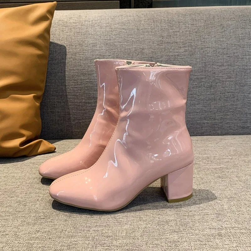 Booties Plain Chunky Heel Pink Bright Upper Women's Ankle Boots Large Size Warm On Promotion Designer Luxury Female Short Shoes
