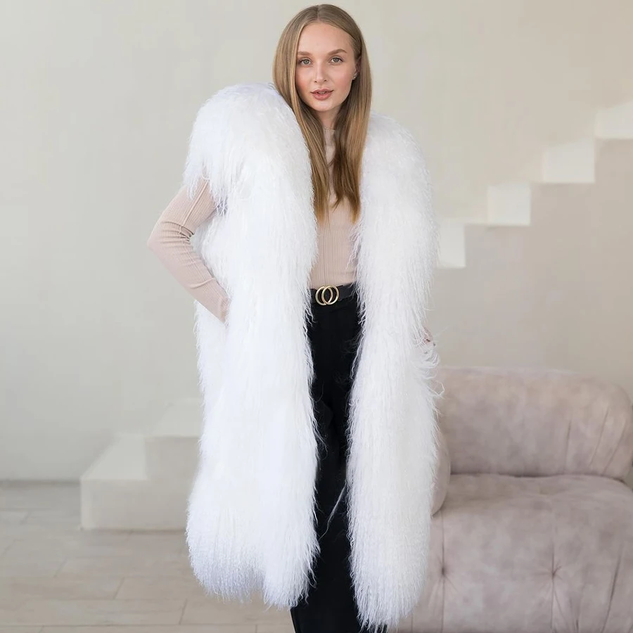 

Real Sheepskin Vest For Women White Mongolian Fur Jackets Womens Lamb Waistcoats Tibetan Lamb Gilet