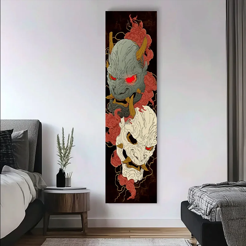 Japanese Ukiyo Dual Hannya Oni Mask Red Smoke Vertical Long Tapestry Dark Brown Background Glowing Red Eyes Tattoo Style Narrow