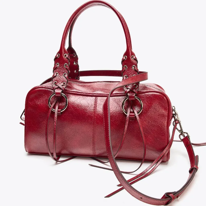 

Women Fashion Pu Leather Rivets Tassels Boston Bag Grommet Eyelet Top Handle Handbag Adjustable Long Strap Cross Body Purse