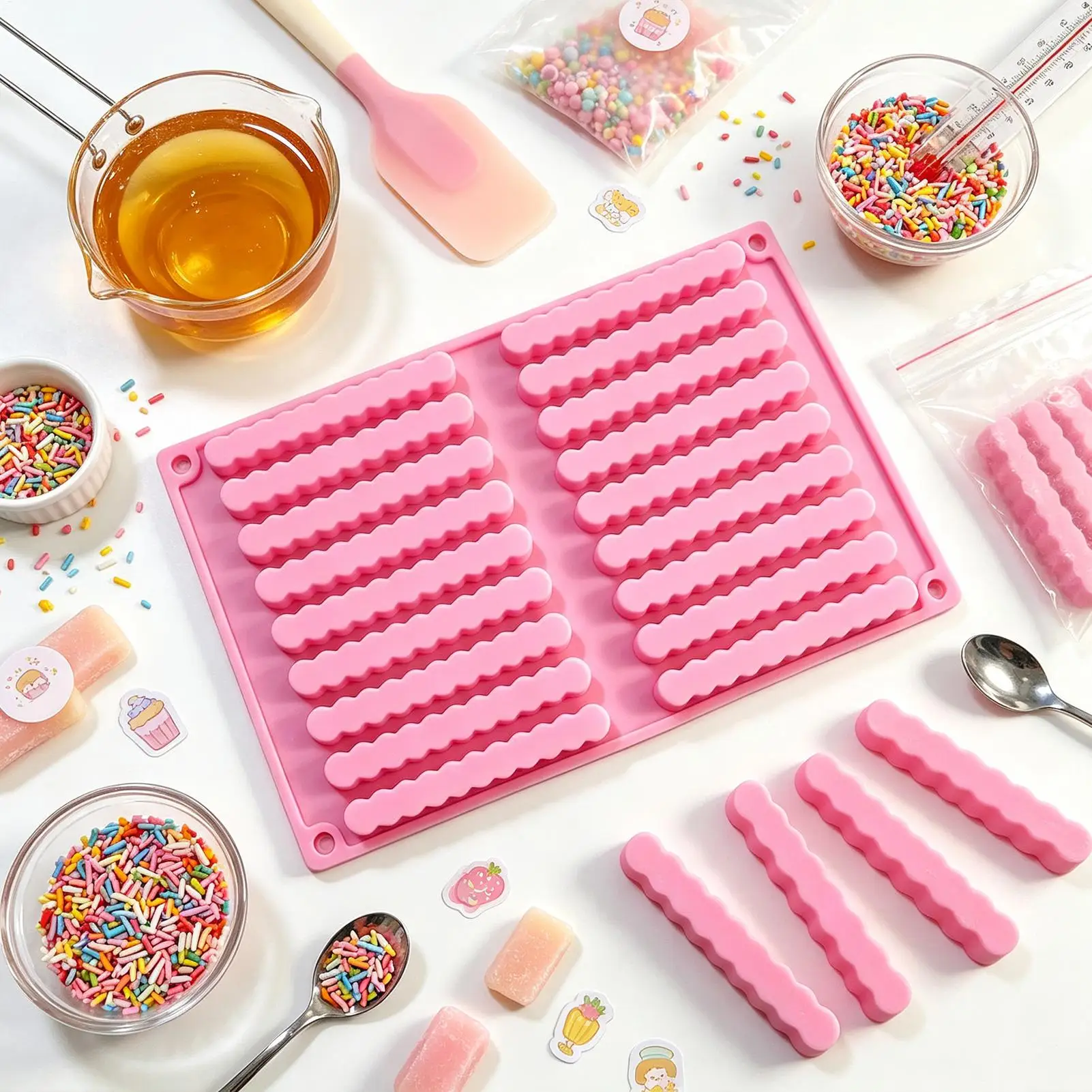 Long Strip Silicone Mold 20 Cavity Finger Shaped Chocolate Rectangular Cereal Chocolate Bar Cookie Ice Cubes Trays Baking Tools