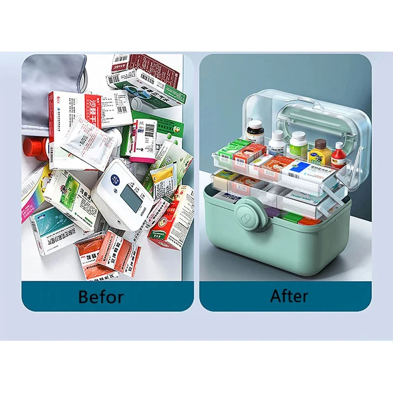 منظم أدوية عائلي بسعة كبيرة، صندوق تخزين مكون من 3 طبقات، أدوات إسعافات أولية محمولة، حاويات أدوات منزلية قابلة للطي