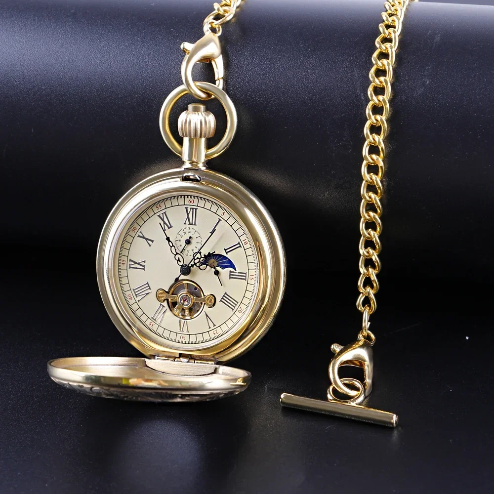 Estuche con números romanos para hombre y mujer, reloj con bolsillos mecánicos, cadena Fob de bolsillo, collar dorado, a la moda, único, regalo