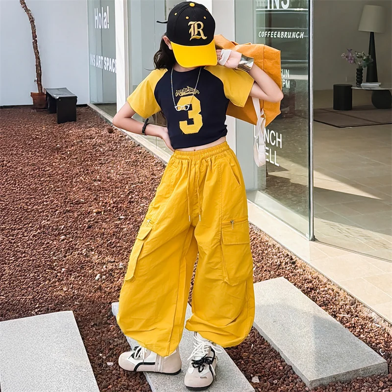 Summer Girls Fashion Sporty Casual T-Shirt Tops+Cargo Pants Workout Sets School Kids 2PCS Tracksuits Children Outfits 5-14Years