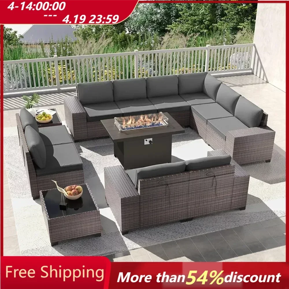 

Garden Sofas Furniture Set with Metal Gas Propane Fire Pit Table PE Wicker Rattan Sectional Sofa Patio Garden Sofas,Cream