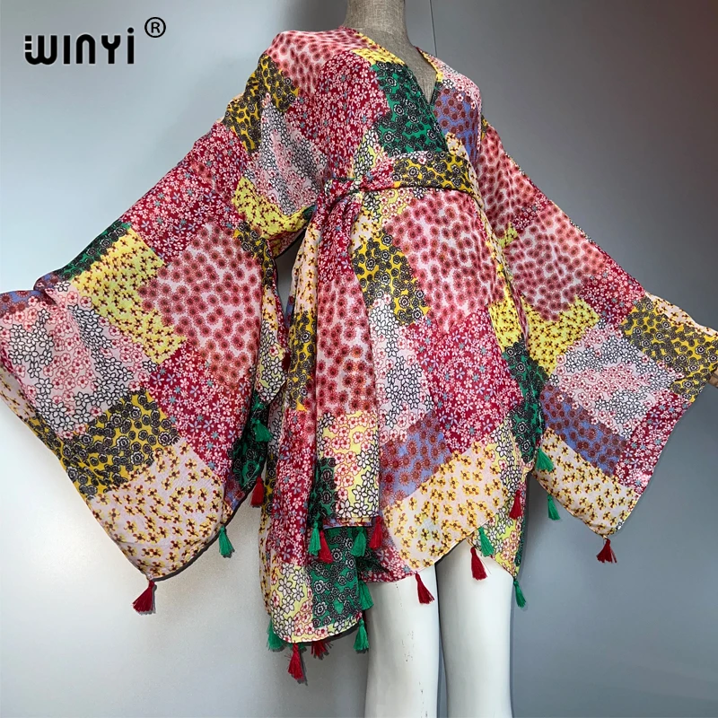 WINYI bohemian พิมพ์กิโมโนชายหาดชุดผู้หญิงชุดว่ายน้ํา Boho เสื้อสเวตเตอร์ถัก Stitch Self เข็มขัดวันหยุดแขนยาวพิมพ์เสื้อ