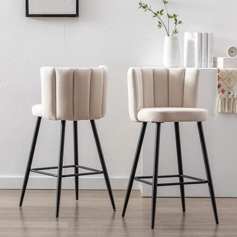 30'' Bar Stools Set of 2 Linen Fabric Bar Height Chairs with Back Upholstered Kitchen Counter Stools, White