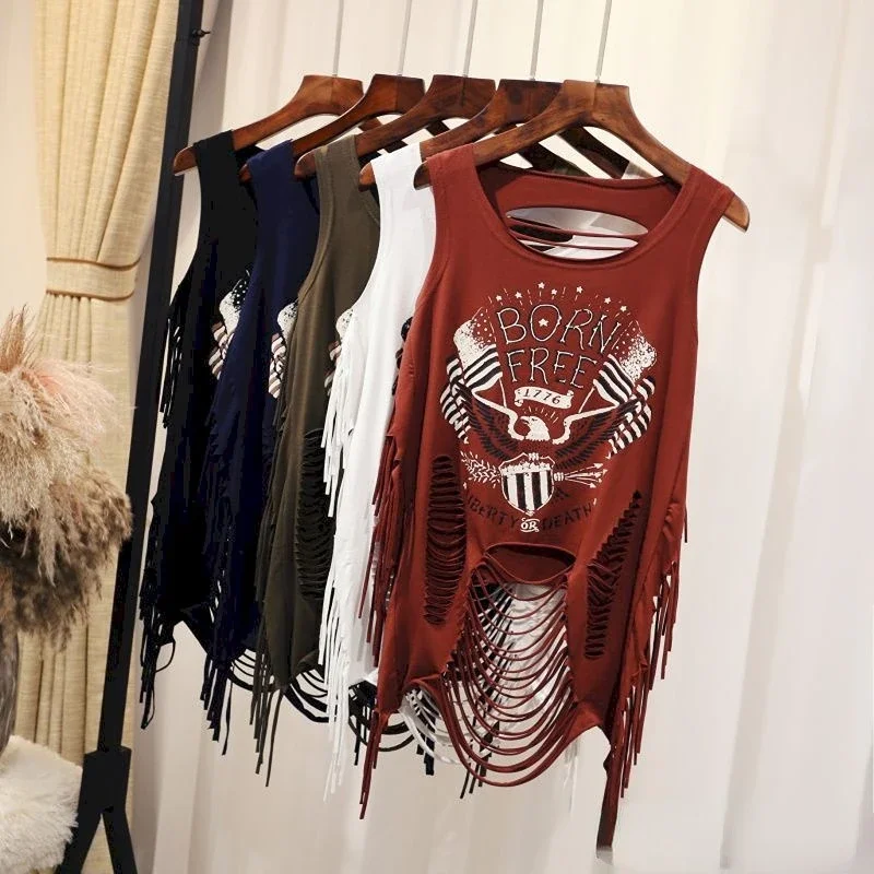 

Summer Outerwear Vests Women Sexy Hole Print T Shirt Fashion Korean Style Sling Sleeveless Top 2025 Trend Loose Vest Y2k Clothes