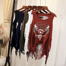 Summer Outerwear Vests Women Sexy Hole Print T Shirt Fashion Korean Style Sling Sleeveless Top 2025 Trend Loose Vest Y2k Clothes