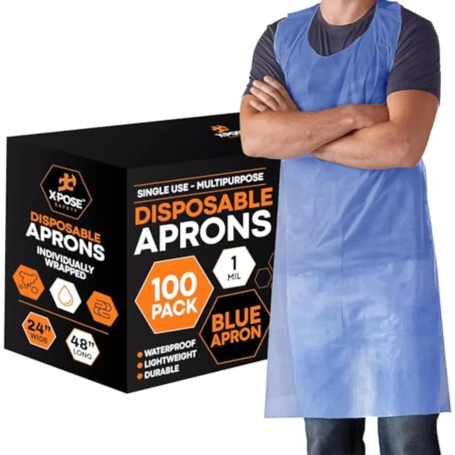 

100 Blue Plastic Disposable Aprons for Cooking and more Individually Packaged, Durable 1 Mil Waterproof Polyethylene 24" x 48"