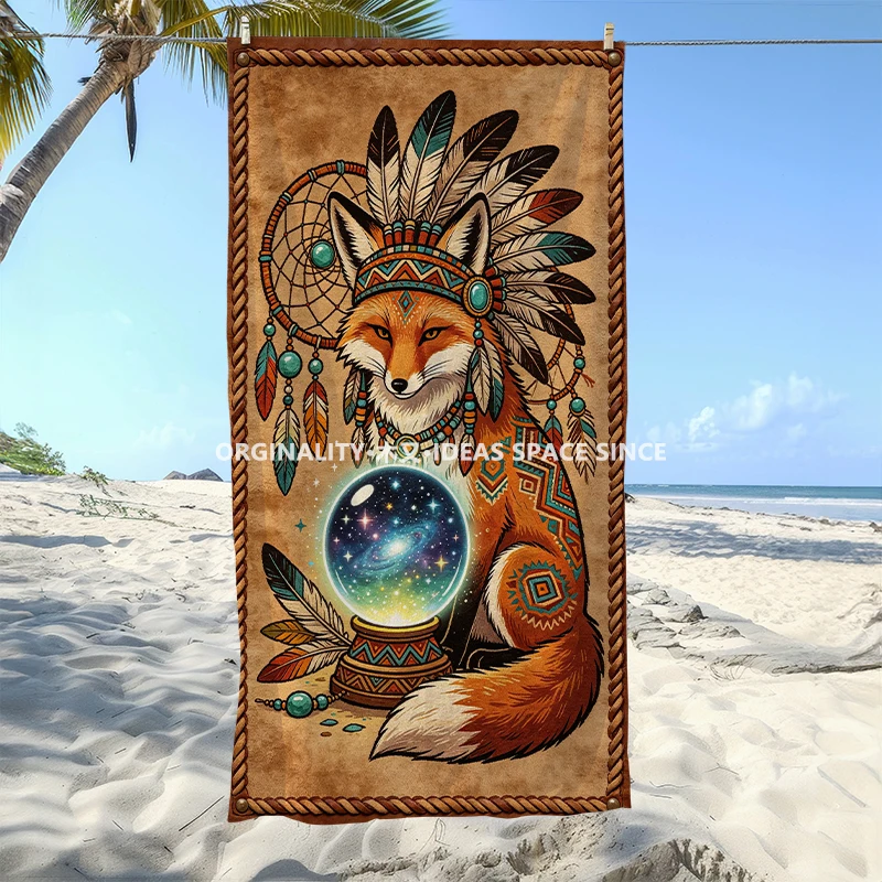 Boho Tribal Fox Galaxy Beach Towel Patterned Sunscreen And Windproof Suitable For Swimming Pool Camping Travel