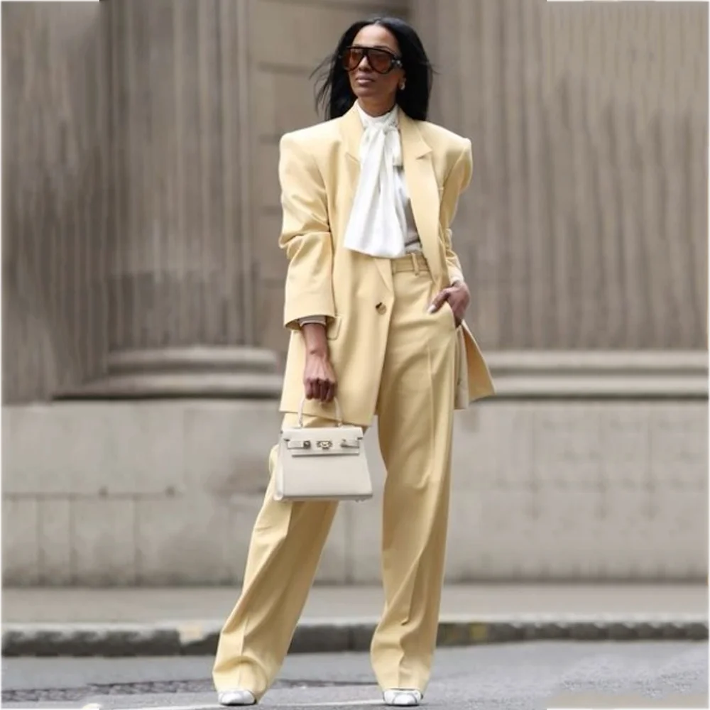 Solid Color Professional Suit For Women Oversized Chic Single Button Peak Lapel Two Pieces Business Outfit Formal Blazer Set