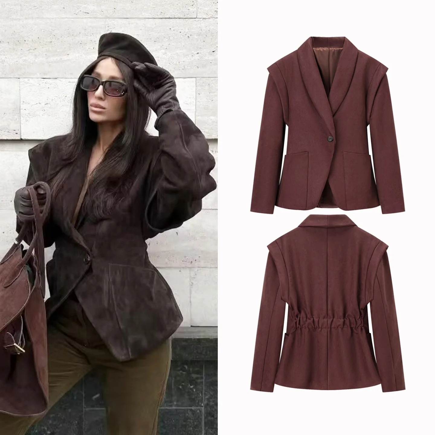 

Женский пиджак из искусственной замши в стиле Майяра с шалевым воротником, куртка с широкими плечами, на одной пуговице, на эластичной спине, с тонкой талией, осенне-зимнее пальто