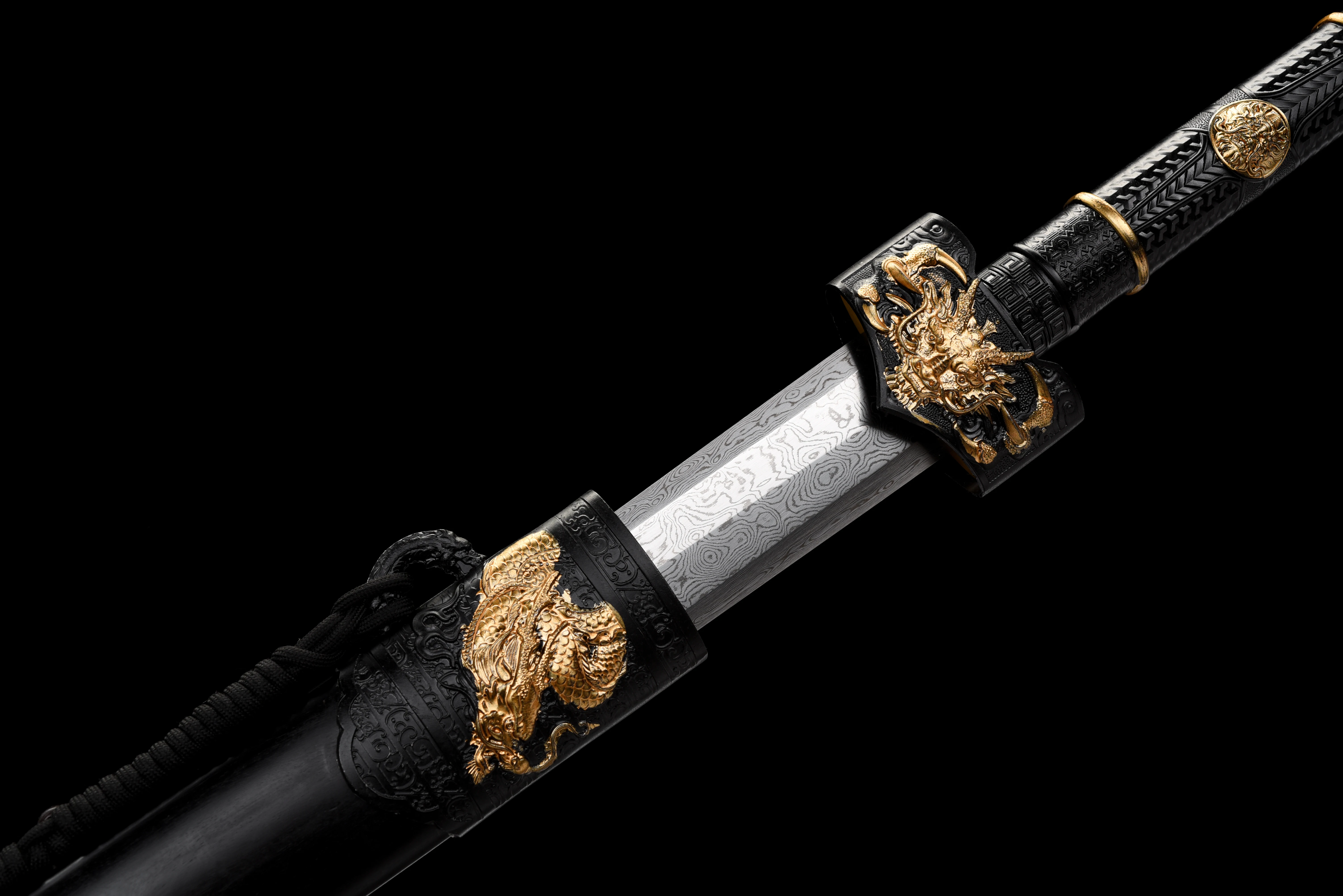 Chinese black gold dragon sword Damascus steel sharp blade katana combat-ready. Gift for martial arts enthusiasts. full tang