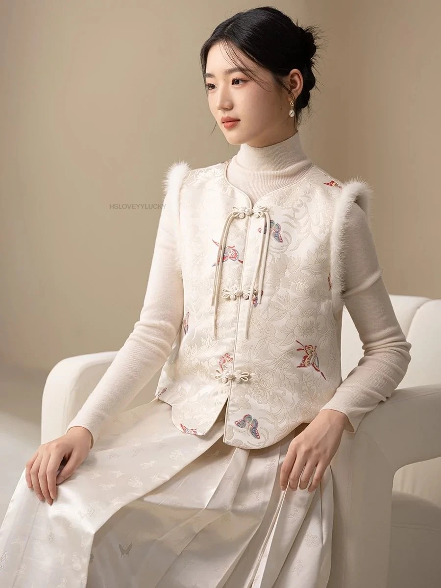 New Chinese Style Women White Embroidered Cotton Vest Suit Autumn Winter Fashion Jacket Woman Tangsuits Vest Tangsuit Coat