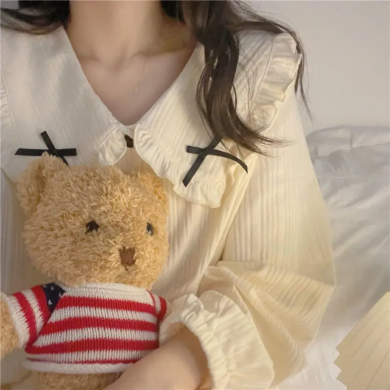 Sweet Long Sleeve Pajama Sets Women Loose Casual Stylish Chic Homewear Single Breasted Ins Popular Cute Bow Princess Nightwear