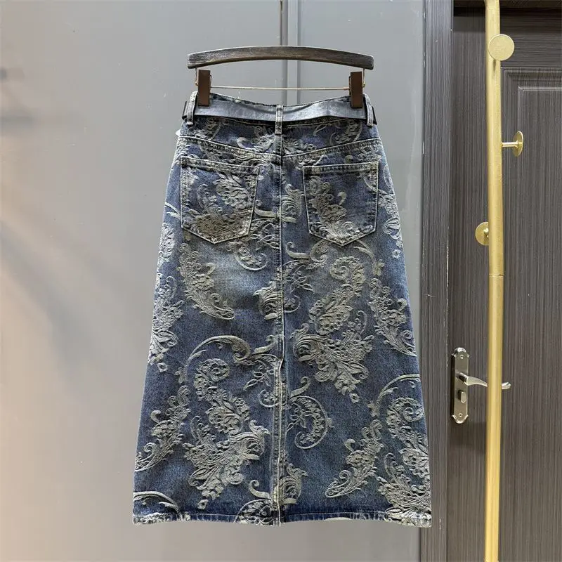 Women Denim Skirts Jacquard Skirt Pocket A Line Ankle Length Zipper Fly Empire Waist None Strech Loose Fit Casual 2026 Autumn