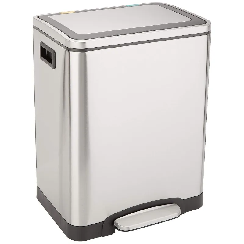 30L Dual Bin Soft-Close Trash can with Foot Pedal - 2 x 15 Liter Bins, Stainless Steel, Small Inner bins, Suitable