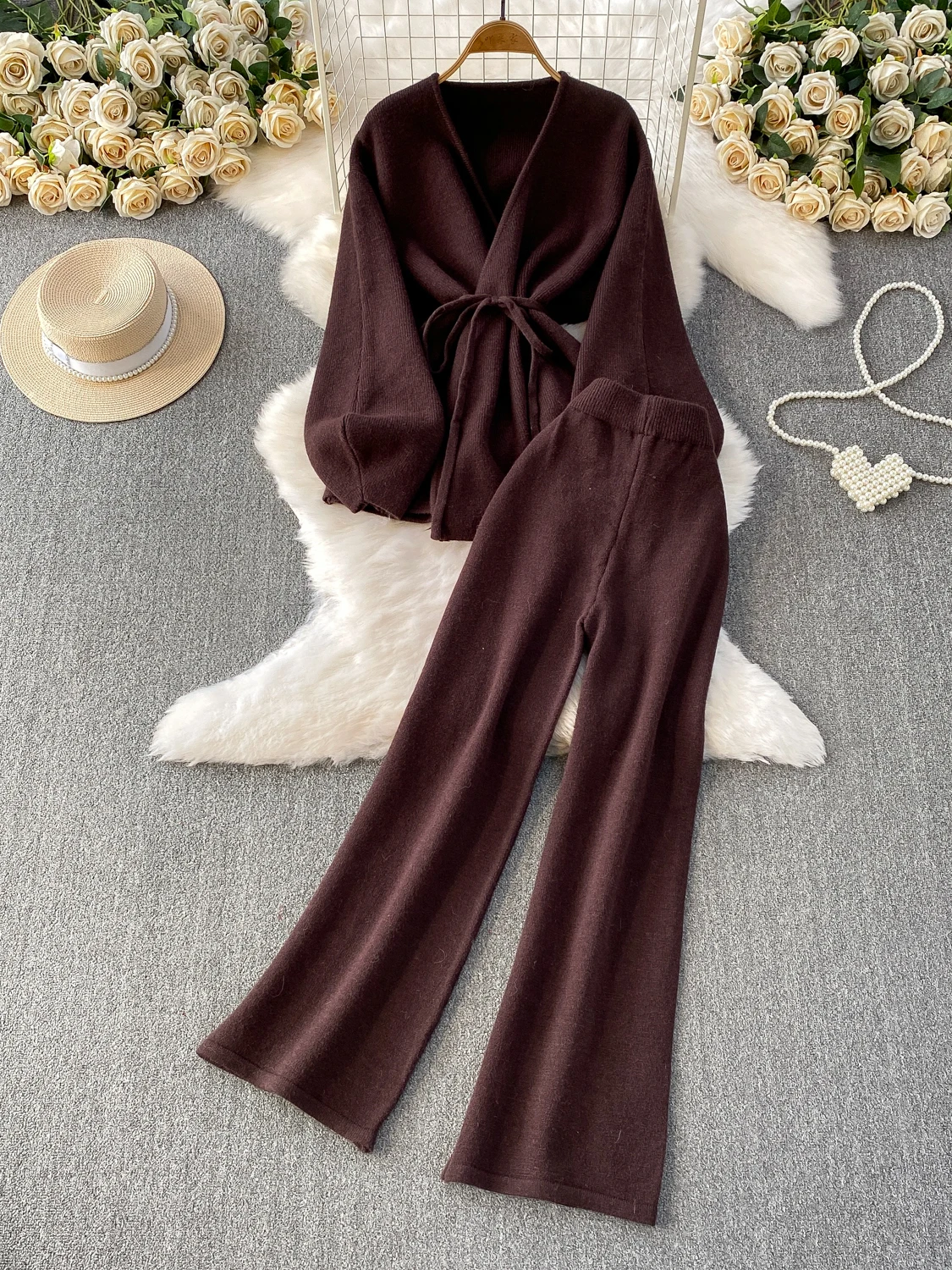 Setelan Fashion Wanita Ele Autumn Winter Batwing Sve Casual Cross Tie Waist Slimming Jaet plus Celana Kaki Lebar Pinggang Tinggi