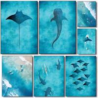 Blue Watercolor Ocean Marine Organism Whale Shark Manta Rays Painting Wall Art HD Canvas Oil Posters Bedroom Living Decor Gift
