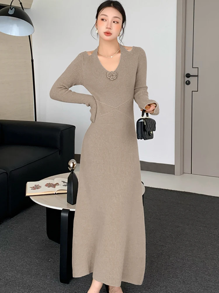 2025 핑크 니트 긴팔 빈티지 브이넥 드레스 가을 겨울 우아한 캐주얼 스웨터 드레스 여성 한국 바디콘 프로모션 드레스