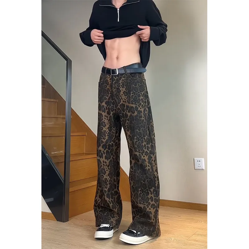 Trendy Men's Loose Straight Leg Jeans Leopard Print American Retro Style Casual Cotton Polyester Blend Wear Resistant