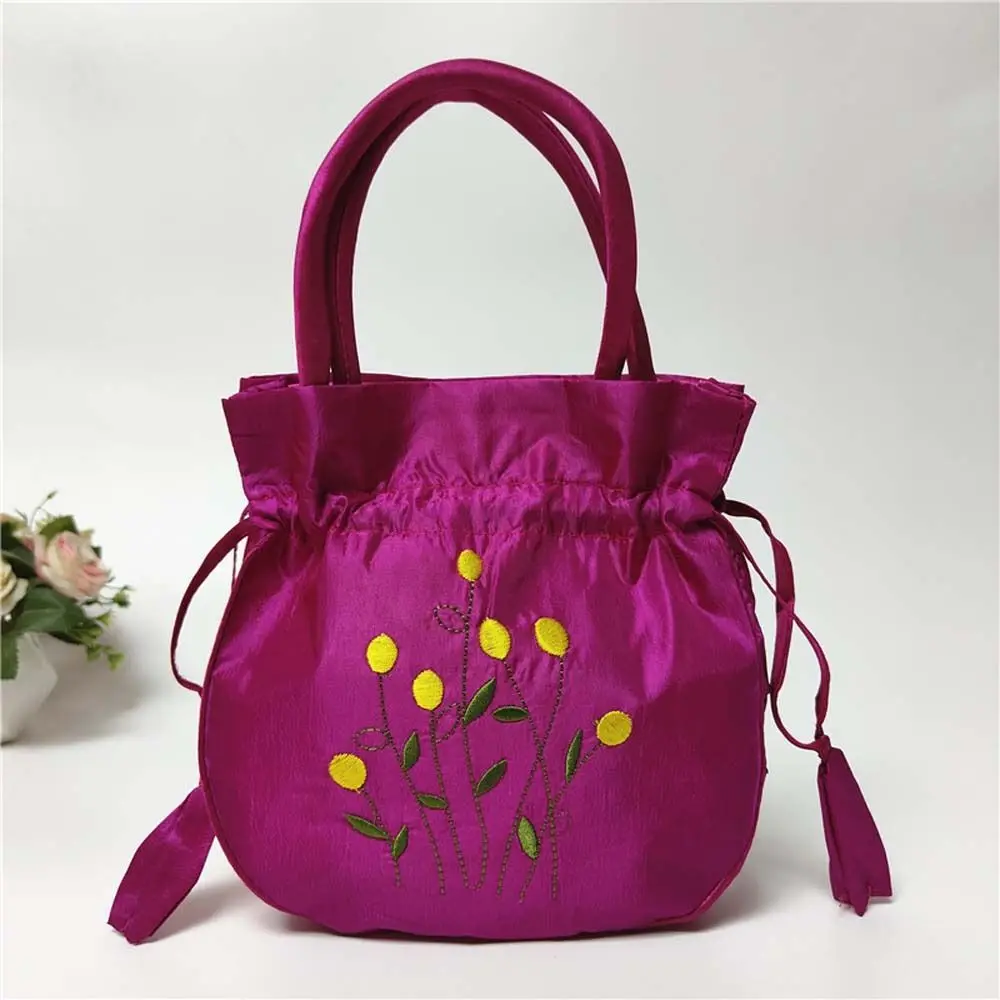 Bolso de seda satinada con bordado de hojas Hanfu, bolso de mano de flores de estilo étnico, bolso de almacenamiento para teléfono, bolso de cubo Floral coreano, diario