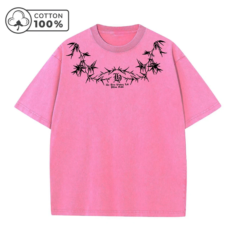 Men's Street Style Washed T-Shirt With Unique Bamboo Leaf Print Retro Pure Cotton Short Sleeve Top Casual Daily Commute