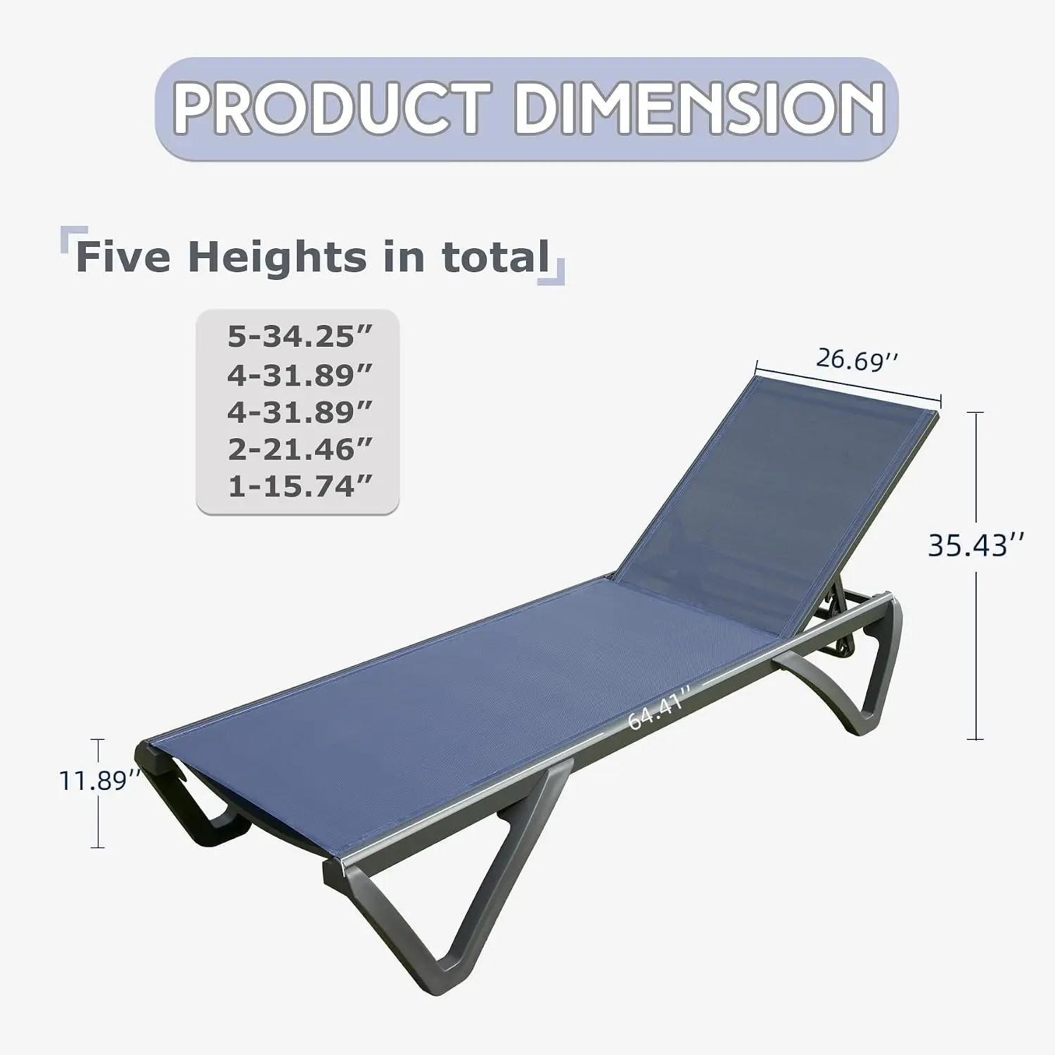 Aluminum Outdoor Lounge Chair Set 5-Position Adjustable Backrest Wheels Pool Garden Beach Backyard, Customized