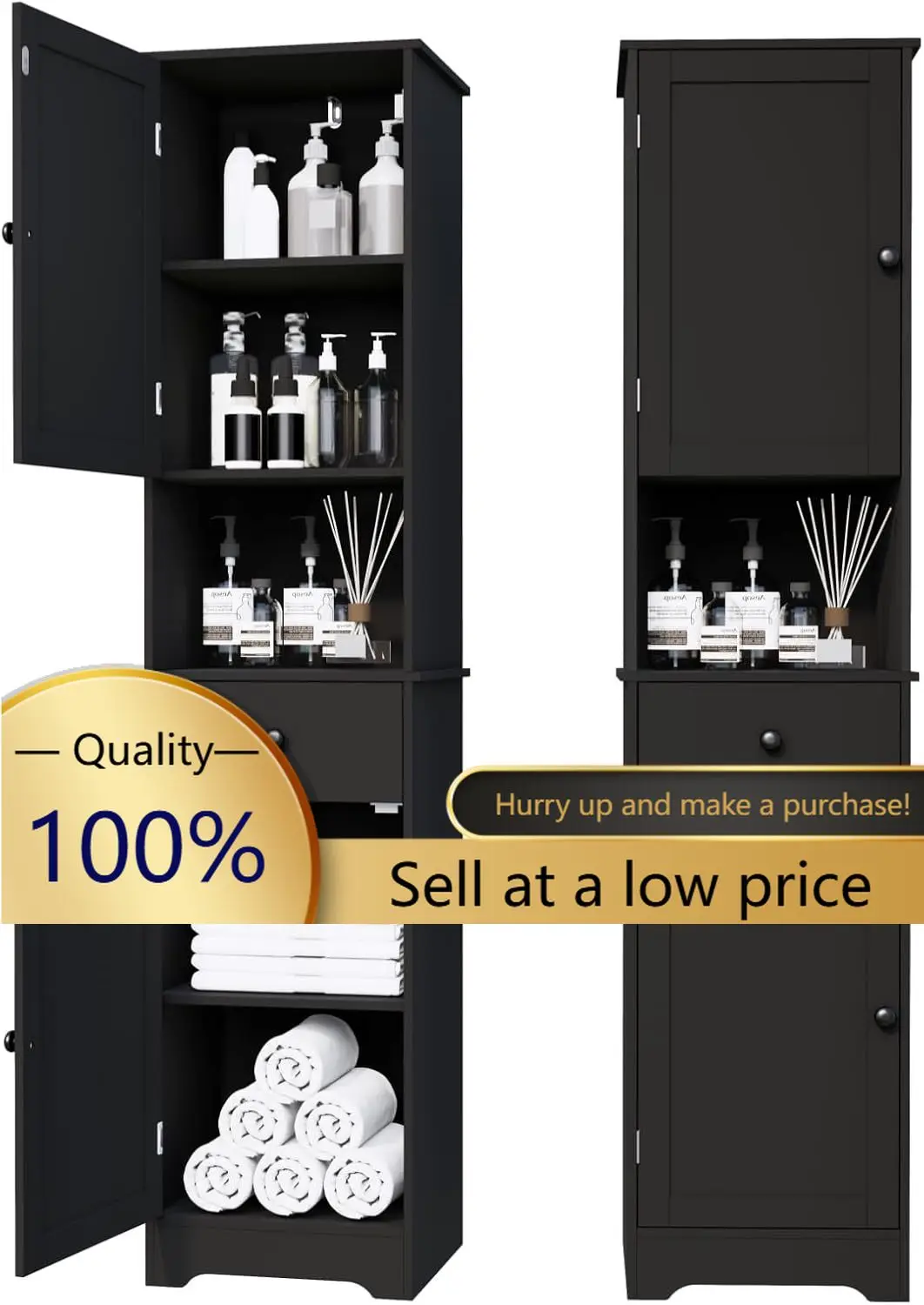 Tall Bathroom Cabinet, Storage Cabinet with 2 Doors & 2Drawer, with Ajustable Shelve, for Bathrooms, Kitchens,Entrances（Black）
