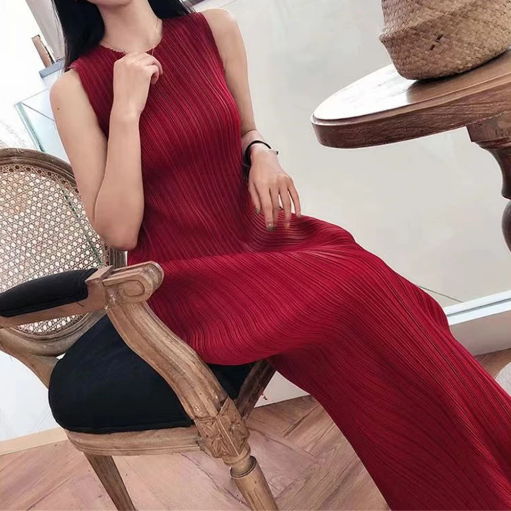 Multi Color Solid Slim Dress O-Neck Sleeveless Straight Dress Elegant Chic Trend Women Office Lady Basic All-Match Dress Summer