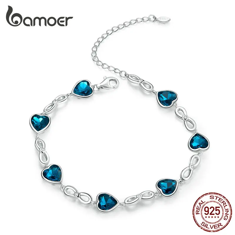 

bamoer Sterling Silver 925 Chain Bracelet for Women Wedding Engagement Statement Jewelry Blue Heart Luxury Jewelry SCB163