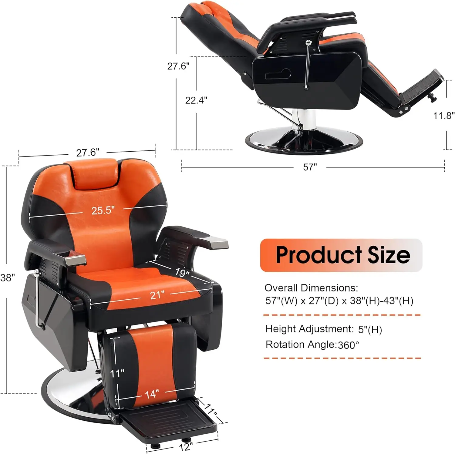 BarberPub Heavy Duty Reclining Barber Chair All Purpose Hydraulic Salon Chair for Barbershop Stylist Tattoo Chair 2688(Orange)