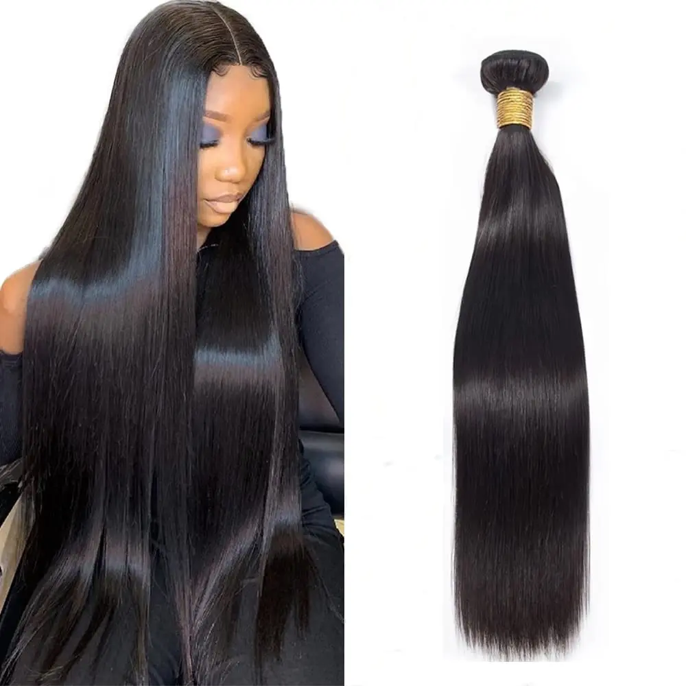 Extensiones de cabello humano liso para mujer, mechones de cabello humano virgen brasileño liso y sedoso, tejido negro Natural # 1B