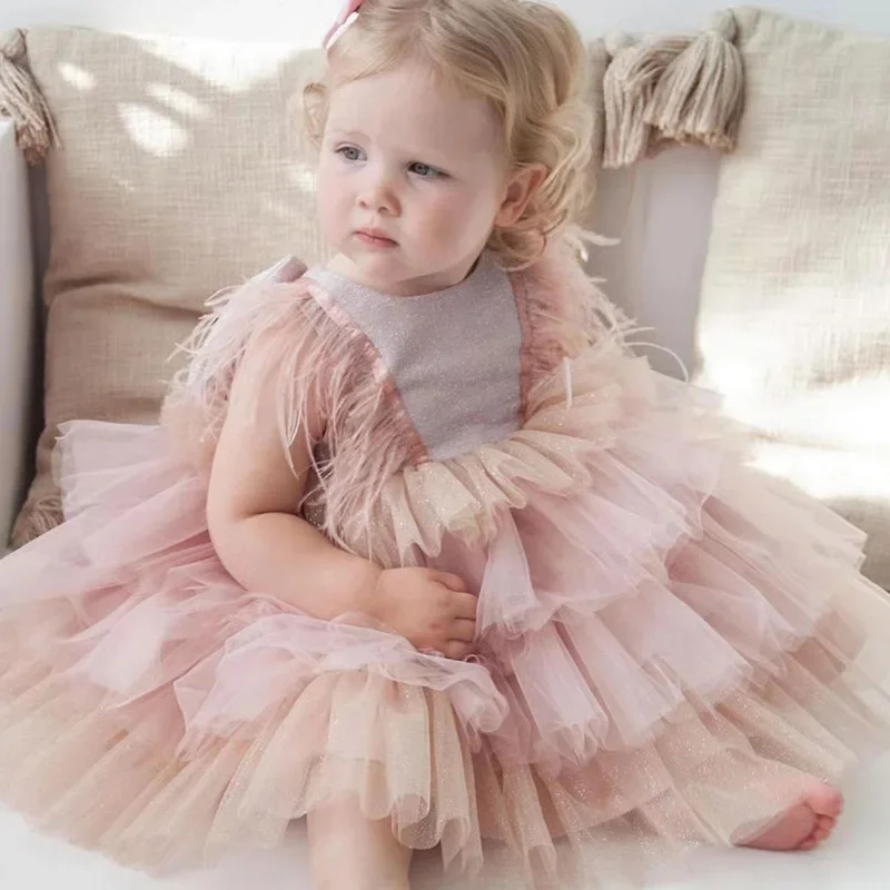 Girls Dresses Feather Tulle Children Dress For Party Wedding 1st Birthday Dress For Baby Vestidos New Toddler Ball Gown Princess