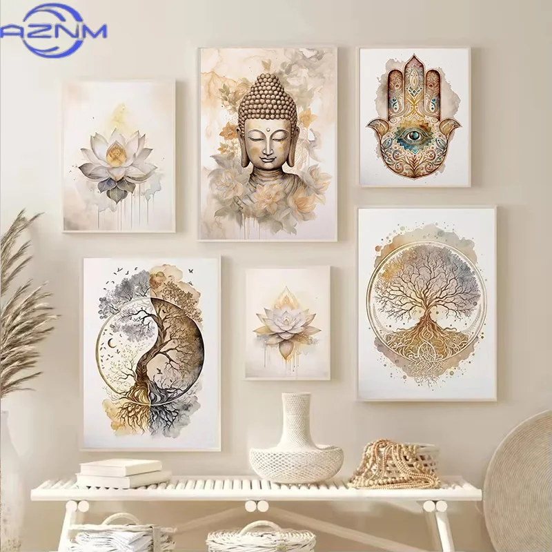 Nordic Tree of Life & Buddha Canvas Prints Modern Buddhist Lotus & Tai Chi Yoga Wall Art Poster for Living Room Spiritual Decor