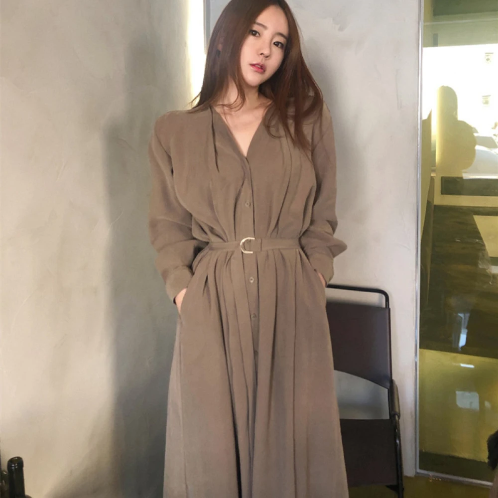 Spring Summer V Neck Folds Long Shirt Belt Dress for Women Long Sleeve High Waist A-line Midi Dresses Female