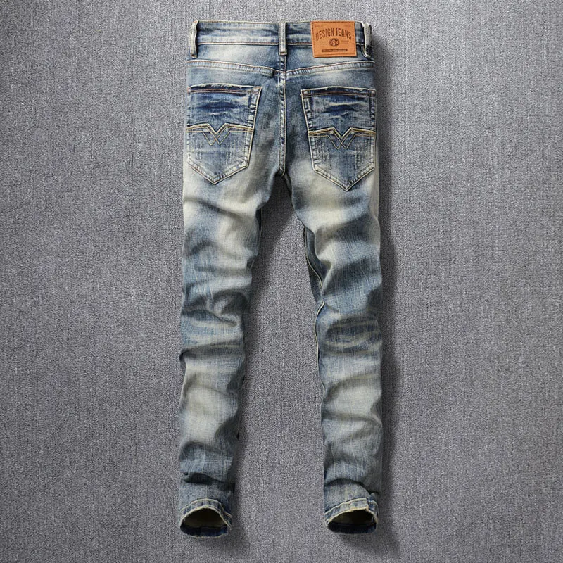 Newly Fashion Designer Men Jeans High Quality Retro Washed Blue Stretch Slim Fit Ripped Jeans Embroidery Vintage Denim Pants Men